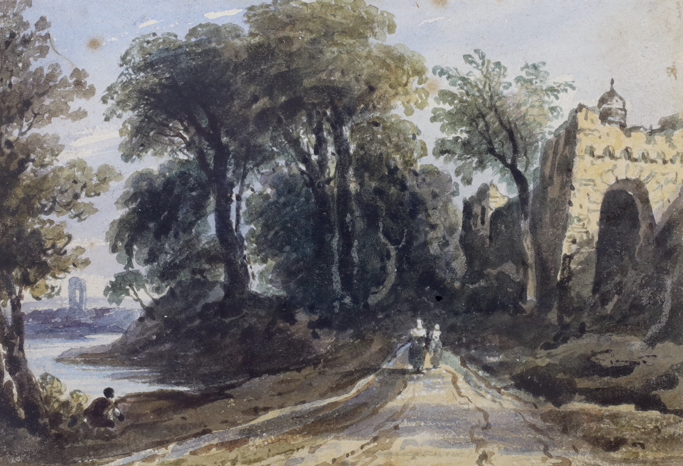 Attributed to John Varley (1778-1842), watercolour, Figures on a pathway beside ruins, inscribed in pencil verso, 13cm x 9cm